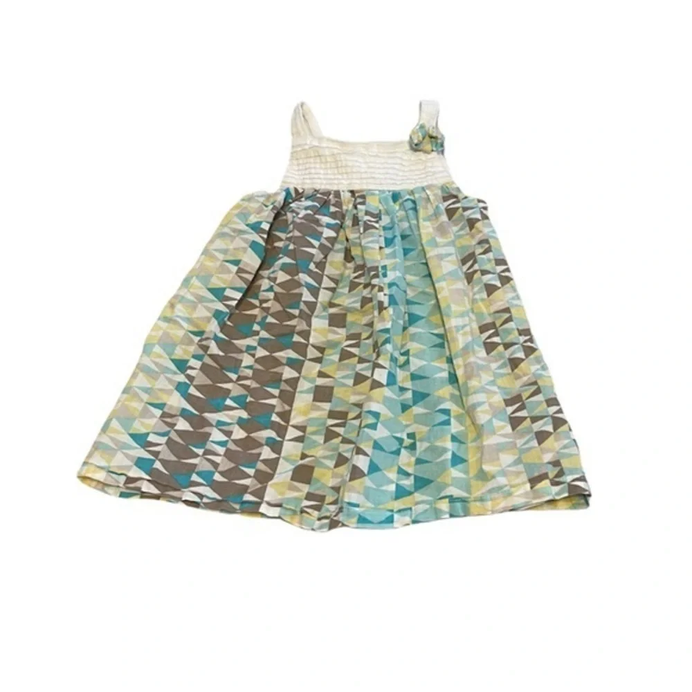 Rim Zim 3T blue/yellow/white/brown geometric 100% cotton A line sleeveless dress